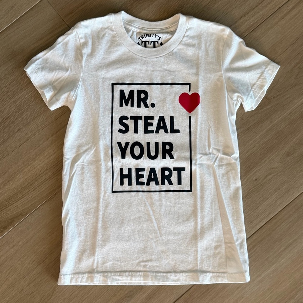 White Graphic Tee with Heart Print